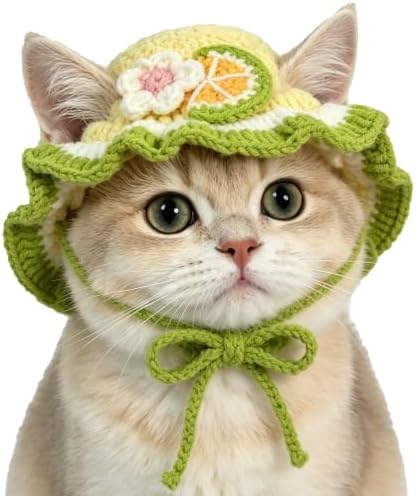 Pomelo Cat Hat, Cotton & Soft Cute Knitted Hats for Cats Birthday Party Spring Christmas Puppy Hat for Small Pets (Green,M) by floofelove