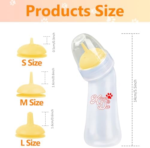 Pet Feeding Bottle,3 Pack Wide Mouth Angled Nursing Bottle, 3 Sizes Nipples with Ventilation Valve Resistant Tearing Perfect for Puppies, Kittens, Small Wildlife(Yellow) - Image 2