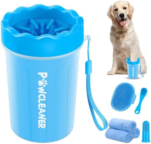 Professional 7 in 1 Dog Paw Cleaner for Dogs & Cats - Includes 1 Portable Paw Washer, 1 Bath Brush, 2 Dog Toothbrushes and 3 Absorbent Towels Note: Fits Paws 1.5 to 2.5 Inches Wide (Medium, Blue) by Comotech