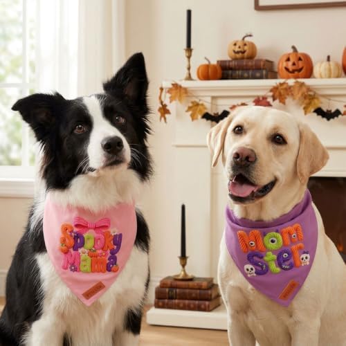 PTDECOR Halloween Dog Bandanas Girl, Knitter‑Look Print Pet Scarf, Large - Image 2