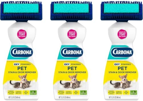 Carbona Oxy-Powered Pet Stain & Odor Remover, 2-in-1 Foaming Carpet Cleaner with Built-In Brush, Targets Urine, Vomit, Mud Messes from Dogs, Cats, 13.5 Oz (Pack of 3) by Carbona