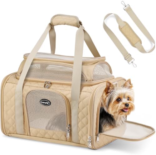 Pet Carrier Airline Approved 18x13x9.5 in, Soft-Sided Top-Expandable, Brown by Carrytip