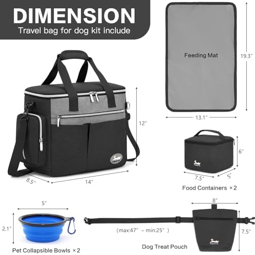 Dog Travel Bag for Pet Kit for Supplies with 2 Food Storage Containers 2 Collapsible Bowls 1 Feeding Mat 1 Dog Treat Pouch 7-Piece Set Perfect Road Trips Camping Weekend (Black) - Image 6