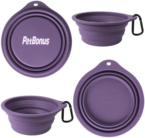 PetBonus 2-Pack Large Silicone Collapsible Dog Bowls, 34oz/1000ml BPA Free Portable Foldable Travel Bowl for Pet Cat, Food Water Feeding Dish for Camping with 2 Carabiners (Black, Dark Purple) - Image 2