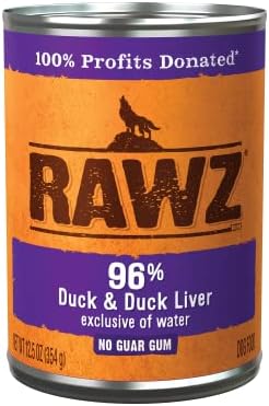 Rawz 96% Meat Canned Wet Food for Dogs 12 Pack/ 12.5 oz. Cans (Duck/Duck Liver) by RawzNaturalPetFood