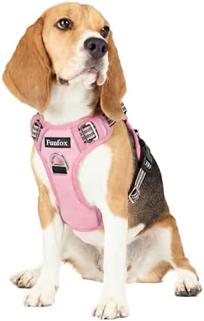 Funfox Dog Harness No Pull, Adjustable Pet Vest Harness, Super Soft Material with Vertical Handle Easy Control, Reflective Night Walking, 2 Leash Clips for Medium Sized Dogs, Pink, M by MyFUNFOX