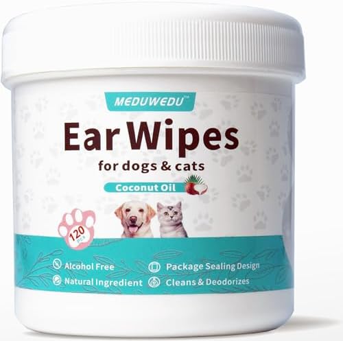 MEDUWEDU Ear Cleaner Wipes 120 Counts, Dog Ear Cleaner, Grooming Kit Care for Dogs and Cats, Soft & Easy Otic Cleaning Pads, Remove Wax, Dirt & Stop Smelly, Itchy, Non-Irritating, Coconut Scent by MEDUWEDU