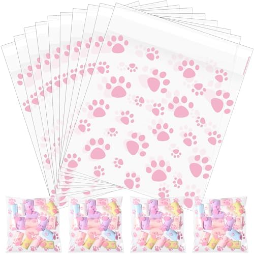 Pasimy 200 Pcs Dog Paw Treat Bags, Clear Self Adhesive Clear Pink by Pasimy
