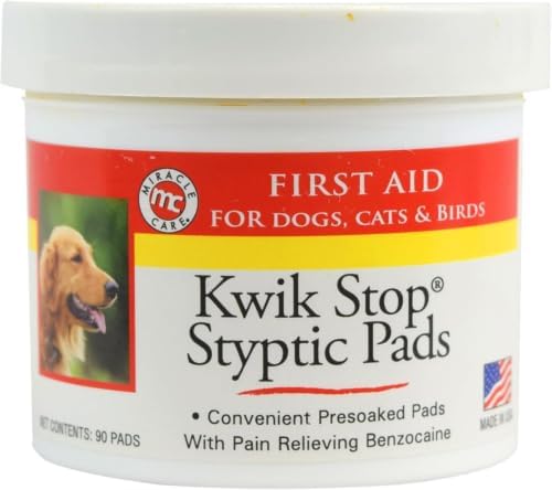 Miracle Care Kwik Stop Styptic Pads for Dogs, Cats and Birds, 90 Pre-Soaked Pads, Fast Acting Blood Stop with Pain Relieving Benzocaine(Pack of 12) by MiracleCare