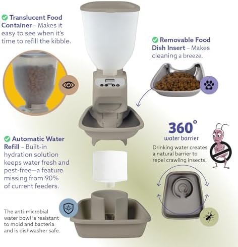 Feeding Friend® Automatic Dog & Cat Food Feeder with Water Dispenser, Smart Pet Feeder with Portion Control, OLED Display, Anti-Jam Design, Battery Operated, Medium Pets 15–30 lbs, Taupe - Image 5
