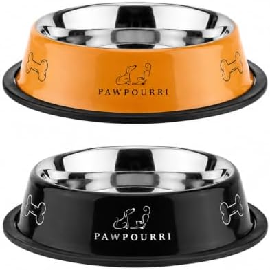 Stainless Steel Dog Bowl Pack of 2, Food & Water Bowl for Dogs, Durable Dog Feeding Bowl, Bowls for Medium Dogs, Easy to Clean, Anti-Skid Pet Bowl 24 oz (Orange & Black) by PAWPOURRI