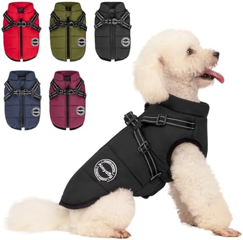 Dog Winter Coat, Warm Dog Jacket Reflective Adjustable Fleece Vest with Harness Built in, Windproof Pet Snow Jacket Snowsuit with Zipper for Small Medium Dogs, Black XS by Aimydog