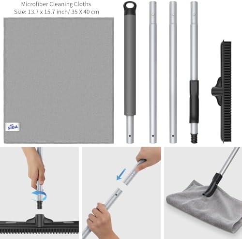 MR.SIGA Pet Hair Removal Rubber Broom with Built in Squeegee, 3 in 1 Floor Brush for Carpet, 61 inch Adjustable Handle, Includes 1 Microfiber Cloth for Floor Dusting (Pack of 2) - Image 6