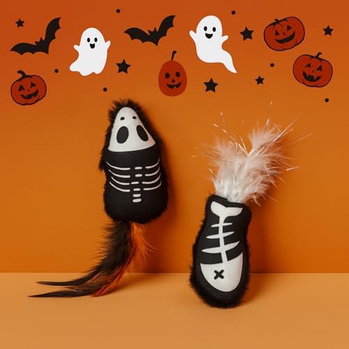 Halloween Cat Toys – 2-Pack Interactive Plush Fishbone and Mouse Bone Catnip Toys with Feather Tails for Indoor Cats - Image 4