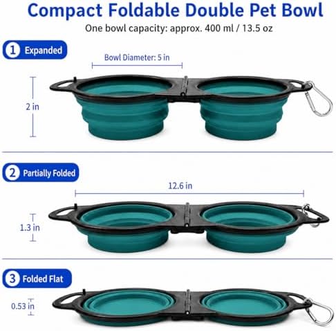 Double Collapsible Dog Bowls for Travel, Food and Water Set with Clip, Teal - Image 2