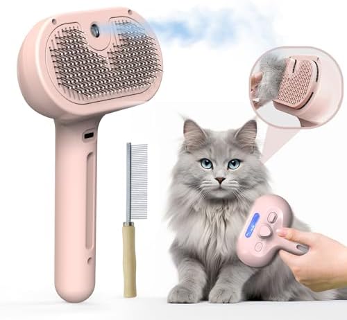 Pet Grooming Brush with Electronic Mist Spray - Gentle Deshedding Tool for Cats & Dogs, Pet Steam Brush，Reduces Shedding, Soft Bristles, Promotes Healthy Coat-Comes with a hair smoothing comb-Red - Image 2