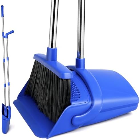 Broom and Dustpan Set, Long Handle Lightweight Dustpans with Broom Combo for Home, Indoor&Outdoor Sweeping for Home Room Kitchen Office Lobby (Dark Blue) by XXFLOWER