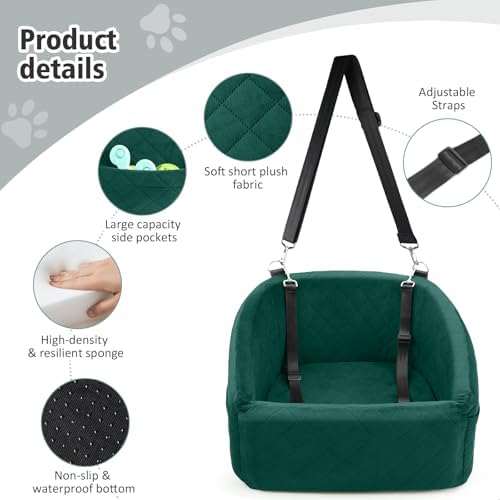 NEEZUKAR Dog Car Seat for Small Medium Dogs,Detachable Washable Dog Booster Seat Under 30lbs, Pet Car Seats Travel Bed with Storage Pockets and Safety Belt(Green) - Image 3