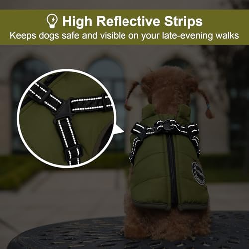 Dog Winter Coat, Warm Dog Jacket Reflective Adjustable Fleece Vest with Harness Built in, Windproof Pet Snow Jacket Snowsuit with Zipper for Small Medium Dogs, Green XS - Image 6