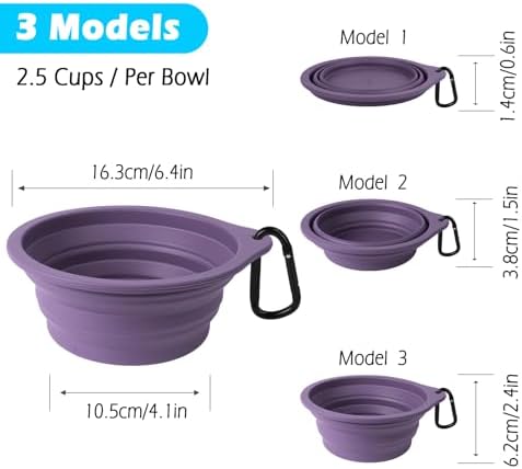 PetBonus 2-Pack Silicone Collapsible Dog Bowls, BPA Free Dishwasher Safe, Portable Foldable Expandable Travel Bowl, Food Water Feeding Cup Dish for Dogs Cats with 2 Carabiners (Black, Dark Purple) - Image 3