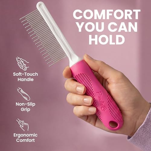 Poodle Pet Detangling Pet Comb with Long & Short Stainless Steel Teeth for Removing Matted Fur, Knots & Tangles – Detangler Tool Accessories for Safe & Gentle DIY Dog & Cat Grooming (Pink) - Image 2