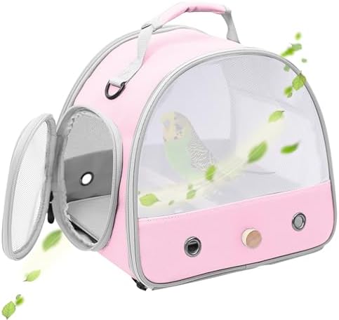 Bird Carrier, Portable Small Bird Parrot Parakeet Carrier with Standing Perch and Soft Mat, Side Access Window Collapsible (Pink, Mesh Windows) by halinfer