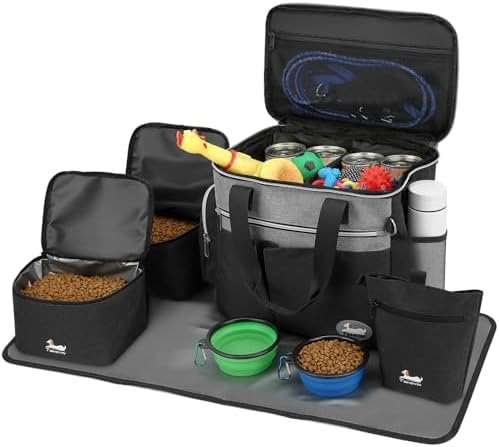 Dog Travel Bag for Pet Kit for Supplies with 2 Food Storage Containers 2 Collapsible Bowls 1 Feeding Mat 1 Dog Treat Pouch 7-Piece Set Perfect Road Trips Camping Weekend (Black) by Unknown