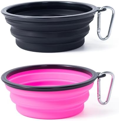 Dog Bowl Pet Collapsible Bowls, 2 Pack Collapsible Dog Water Bowls for Cats Dogs, Portable Pet Feeding Watering Dish for Walking Parking Traveling with 2 Carabiners (Black+Pink, Medium) by SLSON