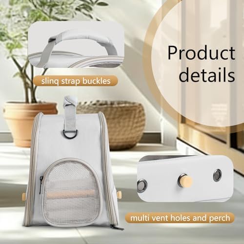 Bird Carrier, Portable Small Bird Parrot Parakeet Carrier with Standing Perch and Soft Mat, Side Access Window Collapsible (Grey, Mesh Windows) - Image 3