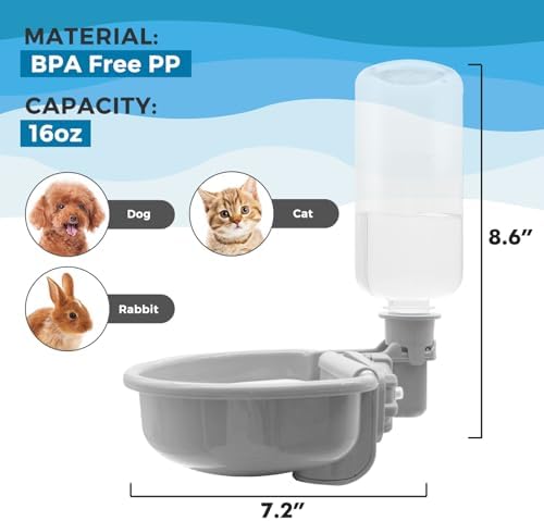 VANNON Gravity Pet Water Bowl, 16oz Anti-Splash Crate Dispenser, Grey - Image 6