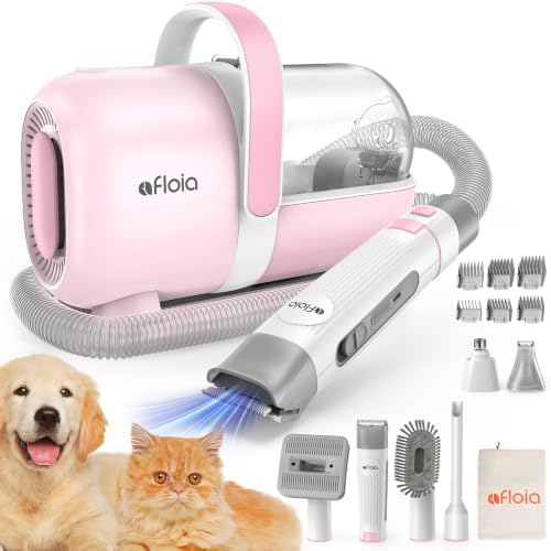 Afloia 6-in-1 Dog Grooming Kit, Pet Grooming Vacuum for Shedding, Dog Hair Vacuum with Clipper Nail Trimmer Grinder, Pet Brush Groomer at Home, Low Noise Cats Hair Remover, 1.5L Dust Cup, Pink by Afloia