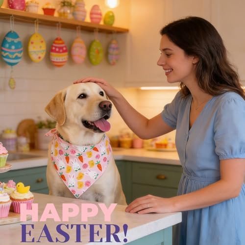 Dog Bandana for Easter Day - Lovely Bunny Carrot Chicken & Daisy Flower Theme, Holiday Pet Costumes Scarf with Adjustable Snap Button, Medium to Large Breeds (30-75lbs) - Image 2