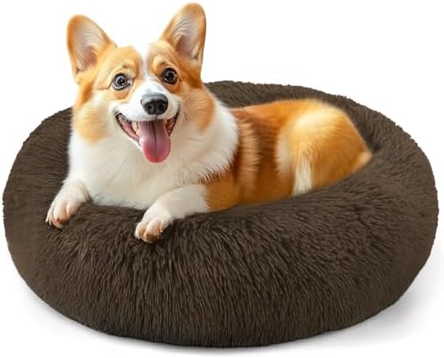 28in Large Dog Bed, Calming Donut Bed for Puppy and Kitten (Coffee) by Hoewina