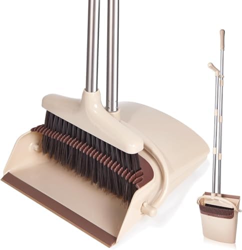 Broom and Dustpan Set with Long Handle, Light Weight Stainless Steel Poles Stand Upright Dustpans with Broom Combo for Home Kitchen Office Pet Dog Hair, Brown & Beige Color, 1-Pack by XXFLOWER