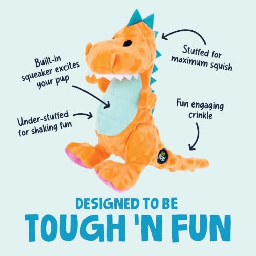 goDog Dinos T-Rex Squeaky Plush Dog Toy with Chew Guard Technology, Durable Fabric & Squeaker for Active Play, Orange, Medium - Image 2