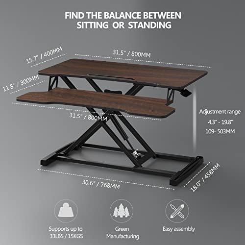 FITUEYES Height Adjustable Standing Desk 32” Wide Sit to Stand Converter Stand Up Desk Tabletop Workstation for Laptops Dual Monitor Riser Brown SD308002WE - Image 4