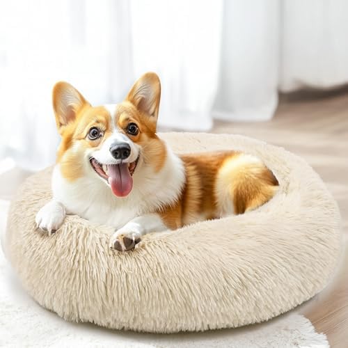 28in Large Dog Bed, Calming Donut Bed for Puppy and Kitten (Light Brown) - Image 6