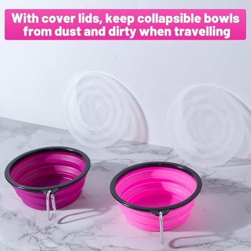 SLSON Dog Bowls Pet Collapsible Bowl with Cover Lids,2 Pack Dog Travel Bowls Portable Foldable Cat Water Dish Bowl for Pets Walking Parking Camping (Pink and Purple, Medium) - Image 2