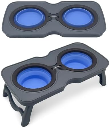 PINVNBY Elevated Portable Dog Bowl, Travel Raised Stand with Collapsible Silicone Double Diner Bowls Non-Slip Food and Water Bowls Holder for Small Dogs and Cats - 14.6" L x 7.5" W x 3.9" H by PINVNBY