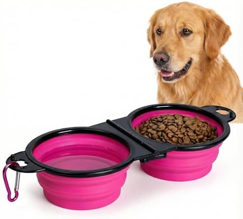 Double Collapsible Dog Bowls for Travel, Food and Water Set with Clip, Pink by 7CAIHOME