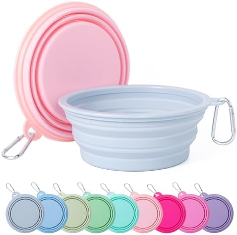 SLSON Collapsible Dog Bowl, 2Pack Macaron Color Pet Travel Bowls Silicone Foldable Water Feeder Dish for Small to Large Dogs Cat Walking Hiking Camping (Macaron Coral and Light Grey, Medium) by SLSON