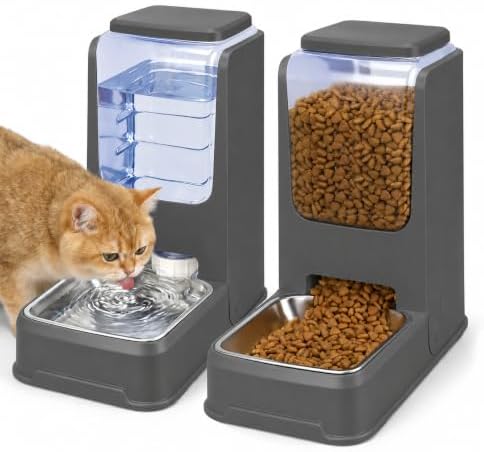 Automatic Cat Feeder and Water Dispenser Set with Stainless Steel Bowls, Gravity Dog Food and Waterer Large Capacity Pet Feeder for Small Medium Kitty Puppy, Gray by Unknown