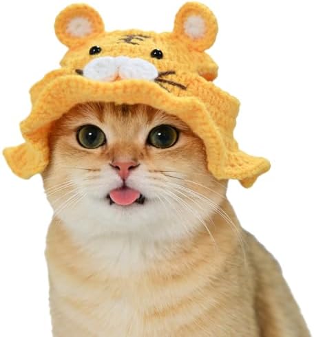 Tiger Cat Hat, Cotton & Soft Cute Knitted Hats for Cats Birthday Party Spring Christmas Puppy Hat for Small Pets (Yellow, M) by floofelove