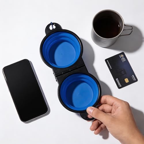Double Collapsible Dog Bowls for Travel, Food and Water Set with Clip, Blue - Image 5
