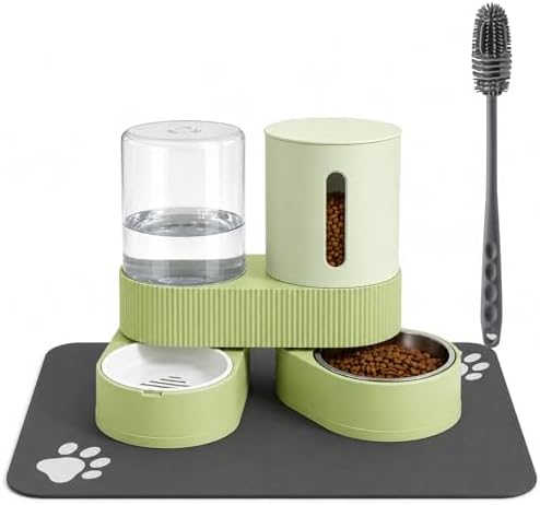 Gravity Cat Feeder 2 Pack Automatic Food Feeder Stainless Steel Water Dispenser Set 360° Rotatable Pet Bowls with Silicone Mat and Brush for Cats Small Medium Dogs, Large Capacity(Green) by ZBIAOJNU