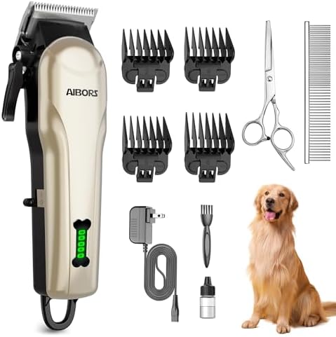 Quiet Dog Grooming Kit - 2000mAh Dog Clippers for Grooming Dog Grooming Clippers for Heavy Thick Hair Coats Waterproof Rechargeable Cordless Clippers Safe and Easy to Clean Home Pet Grooming Gold by Petworthy