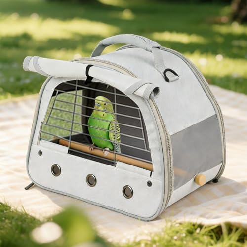 Bird Travel Carrier Cage, with Stainless Steel Metal Window and Wood Perch, Portable Bag for Cockatiel Parakeet Conure Green Cheek Budgie (Grey, Steel Window) - Image 6