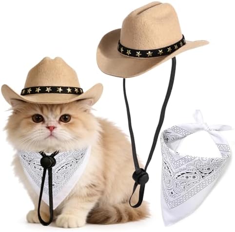 Pet Cowboy Costume, Dog Cowboy Hat with Bandana Scarf, Adjustable Cat Cowboy Hat for Party Cosplay Christmas, Halloween Cowboy Costumes for Small Pet Dogs Cats (Khaki, Small) by Unknown