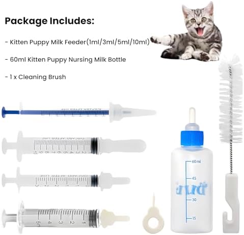 Kitten Bottle Feeding Kit, Kitten Milk Replacement 1ml 3ml 5ml 10ml 60ml Kitten Bottles for Nursing Newborn Kittens Puppy Rabbit Hamster Small Animals - Image 3