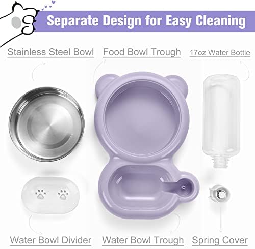 Dog Bowls, Cat Food and Water Bowl Set with Water Dispenser and Stainless Steel Bowl for Cats and Small Dogs - Purple - Image 3